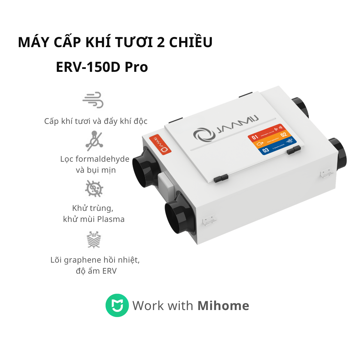 Máy cấp khí tươi 2 chiều JaamiJ ERV-150D Pro – Plasma, graphene ERV, DC inverter, MiHome