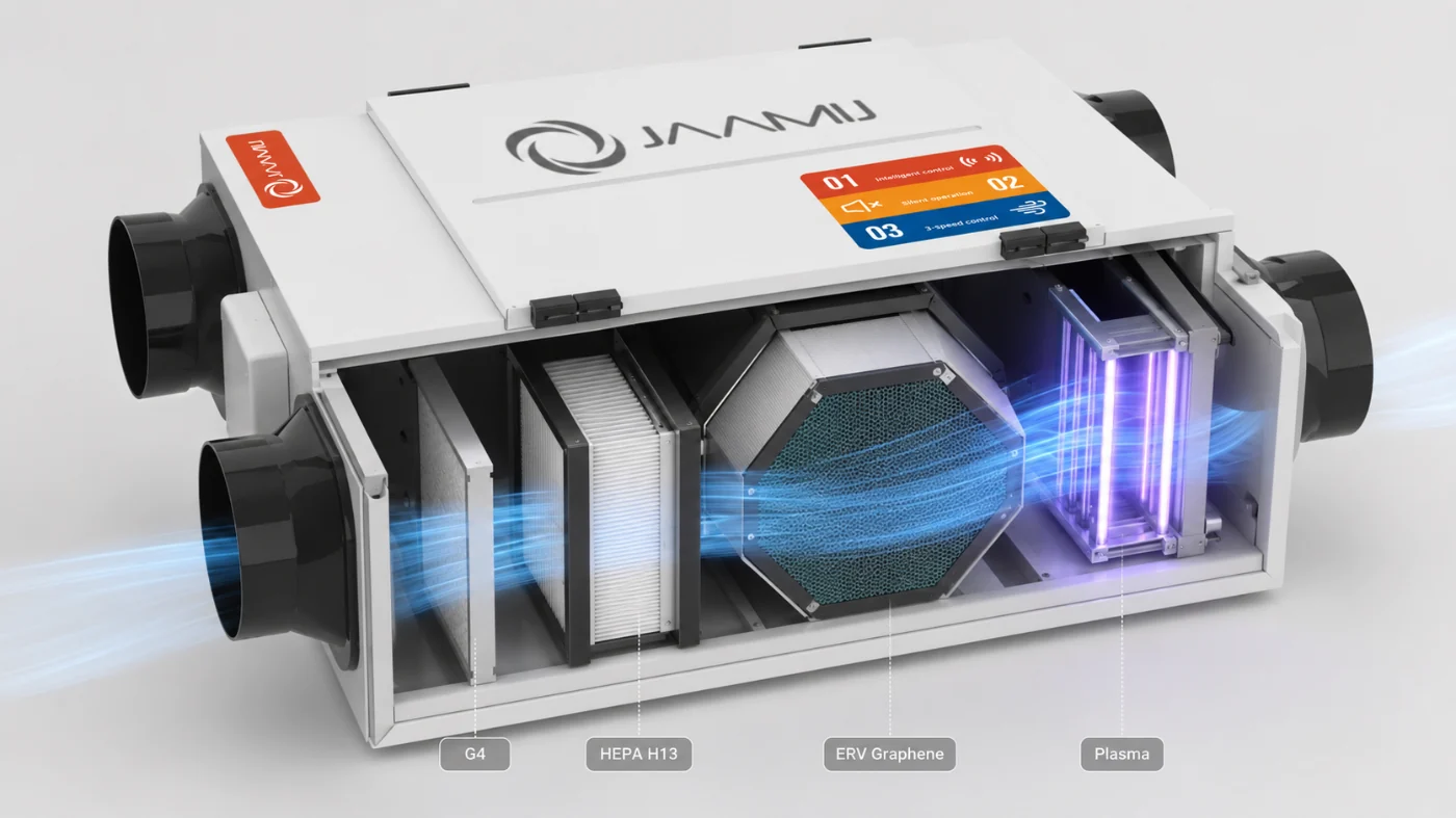 Bộ lọc G4 HEPA H13 và Plasma trên máy cấp khí tươi JaamiJ ERV-Pro