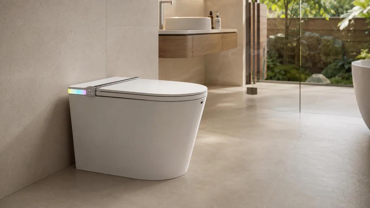 Bồn cầu smart tự động xả nước trong phòng tắm hiện đại an toàn