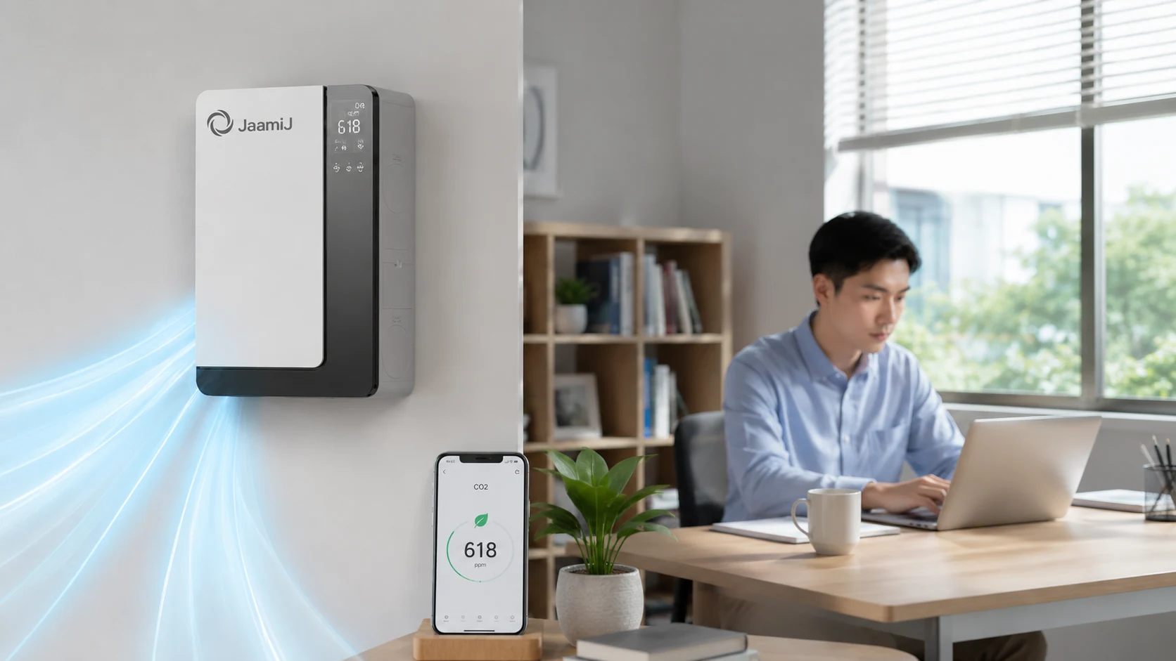 Cảm biến CO2 trên máy cấp khí tươi phòng làm việc JaamiJ B150