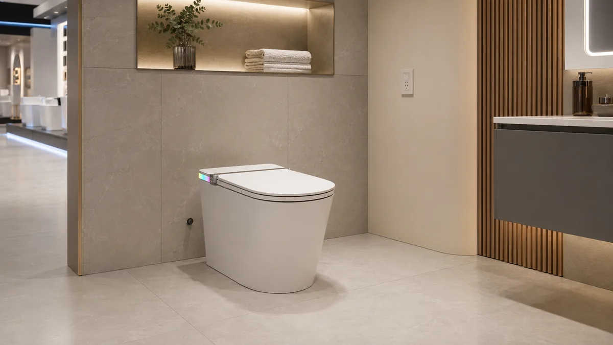 Khu trưng bày lắp đặt bồn cầu smart an toàn trong showroom thiết bị vệ sinh