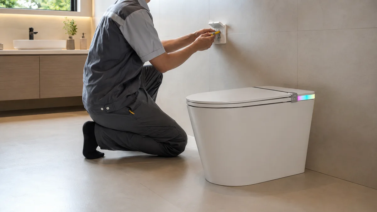 Kỹ thuật viên kiểm tra điện an toàn cho bồn cầu thông minh