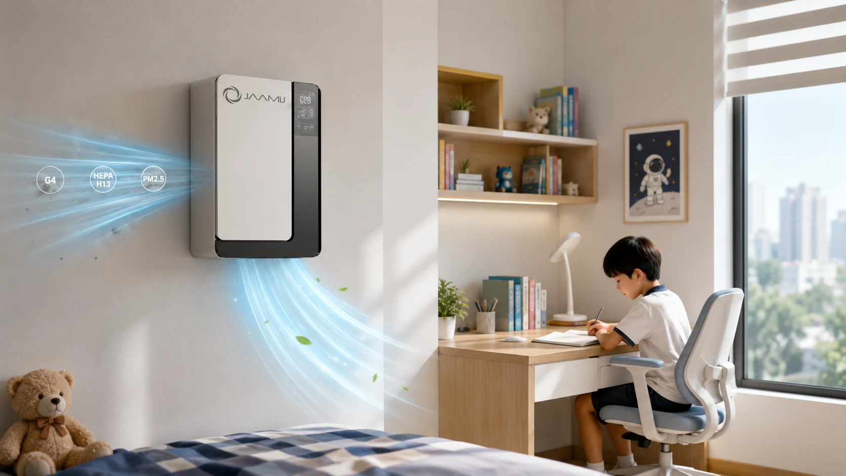 JaamiJ ERV-B150 Pro lọc PM2.5 bằng G4 và HEPA H13 cho phòng học