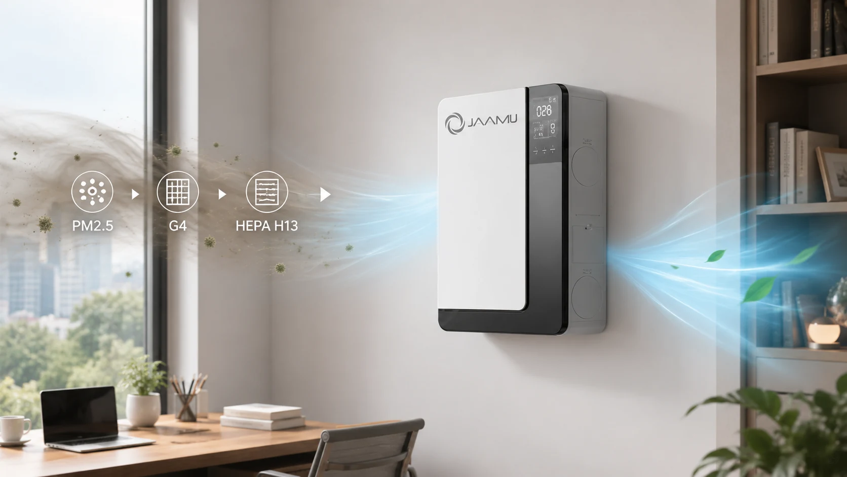 JaamiJ ERV-B150 Pro lọc PM2.5 bằng G4 và HEPA H13 cho phòng làm việc