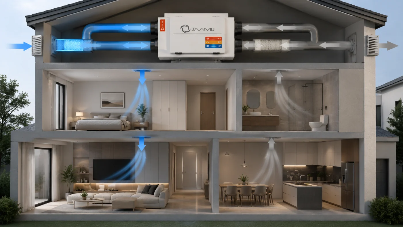 Luồng khí tươi và khí cũ qua máy cấp khí tươi trung tâm JaamiJ ERV-Pro
