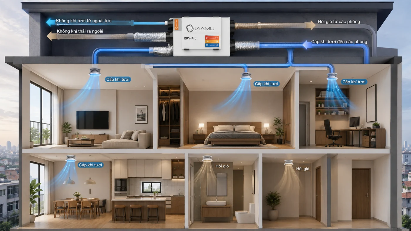 Thiết kế đường gió máy cấp khí tươi trung tâm JaamiJ ERV-Pro cho nhiều phòng