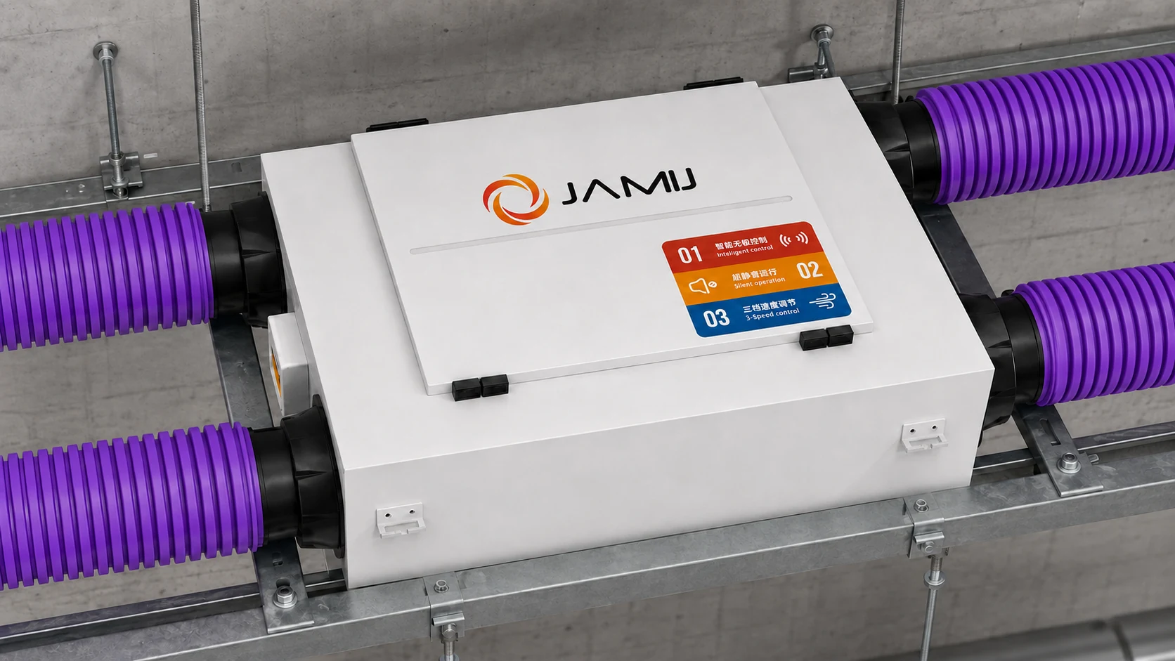 Máy ERV âm trần JamiJ đúng mẫu với logo và cổ ống đen