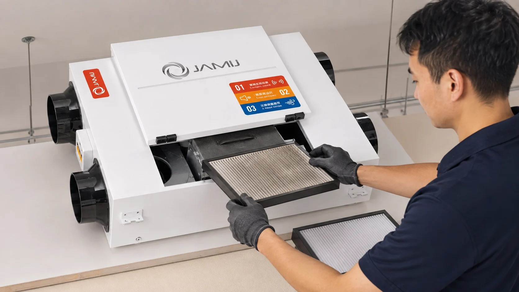 Thay lọc máy cấp khí tươi lọc bụi mịn định kỳ